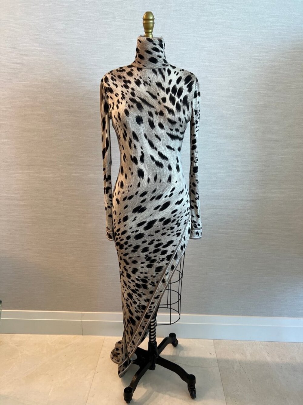 Leonard Paris Silk Jersey Leopard Print Maxi Dress Turtleneck Asymmetric Hem